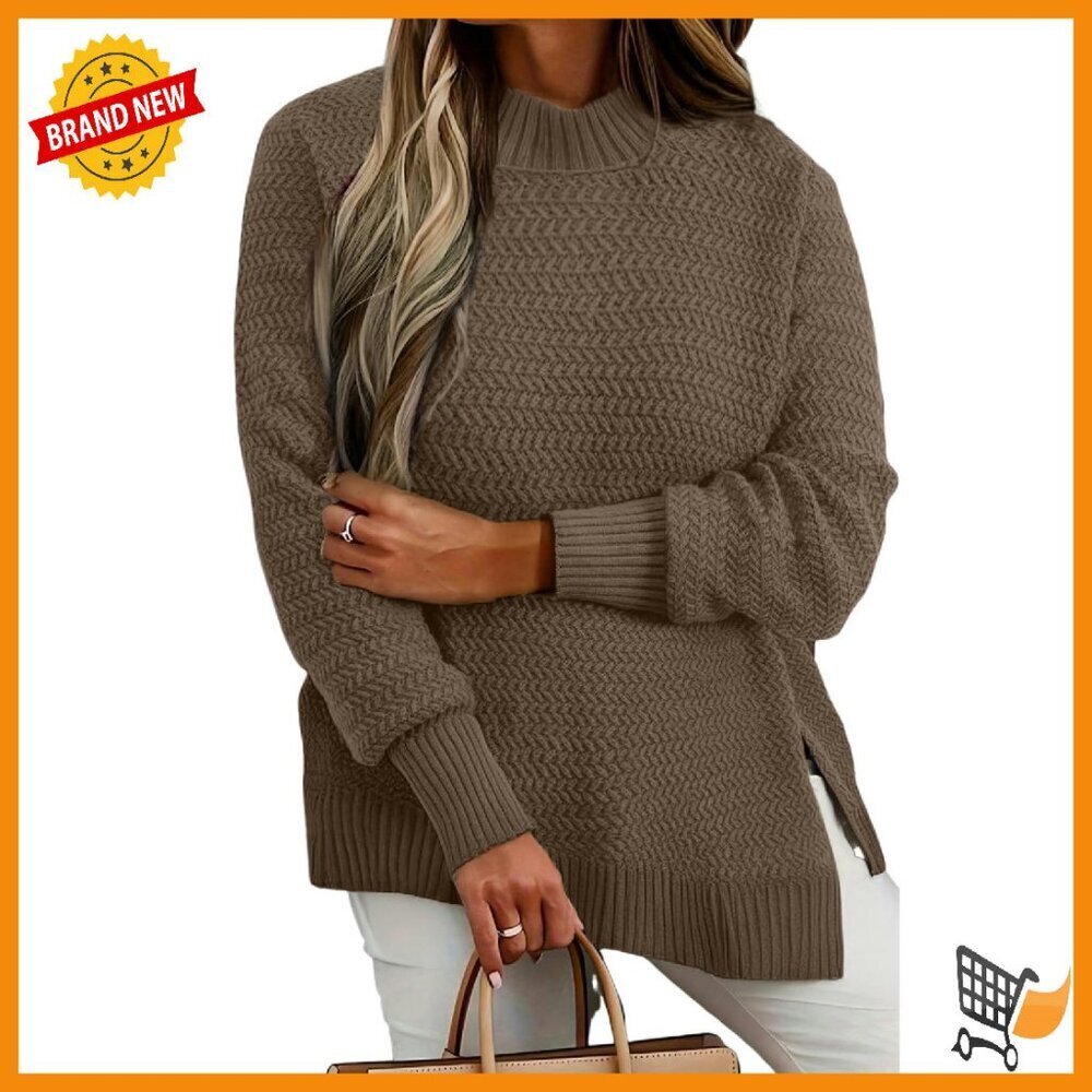 Plus Size Crewneck Pullover Sweater Long Sleeve Side Slit Tunic